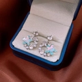 Exquisite silver star earrings with iridescent stones and small pearls in a blue velvet box - Silver Needle Blue Round