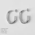 Polished silver-tone stainless steel C-shaped hoop earrings with secure stud backs - Minimalist C Style (NE93062) / 28mm / Steel