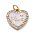 Golden heart necklace pendant with white enamel Mama lettering and cubic zirconia - CX145-3A Gold White Enamel Mama Heart