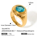 Detailed view of gold stainless steel ring with large blue zircon and size specifications - Gold Large Round Blue Zirconia Style (JDR2405028-BE-7)
