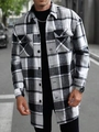 Men's long sleeve plaid shirt jacket in black and grey with dual chest pockets - 3XL / Black