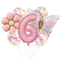 Detail of pink number 6 balloon with butterfly and floral foil balloons set for party - Pink Butterfly Balloon Set 6