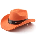 Detail of orange western cowboy hat featuring silver bull head buckle and flower rivets - Orange