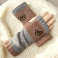 Gestreickte fingerlose Handschuhe mit Schmetterling Stickerei, braun graue warme Winter Handschuhe. - Schmetterling Khaki