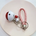 Cartoon bell keychain with red and white braided leather strap and silver ring - Red White