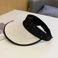 Straw open top sun hat with rhinestones and black trim for summer travel and sun protection - Rhinestone Wide Brim Visor / White