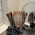 Retro houndstooth canvas bucket bag with brown leather handles and plaid texture - Coffee (Multi-color Plaid)