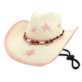 Pink gradient straw cowboy hat with ethnic beads, star print and windproof chin strap - M (56-58cm) / Cream