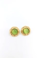 Vintage gold button earrings with green cat-eye stone and quilted metal edge - Light Green
