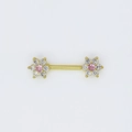 Barbell nipple ring in gold finish with pink and white zircon flower studs - No.2 Pink (18K Gold Plated)