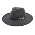 Macro detail of charcoal wool fedora with decorative black band and gold buckle - M (56-58cm) / Dark Gray