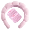 Pink coral fleece spa set featuring a twisted plush headband and matching wristbands - 3pcs Set (Headband + Wristbands) / Pink