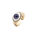 Golden micro-pave zircon evil eye open ring with purple shell detail on white background - Purple