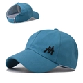 Detailed close-up of teal cotton baseball cap featuring a back ponytail hole design - Adjustable / Lake Blue