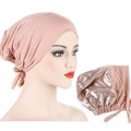 Detailed view of satin lined beanie with adjustable drawstring for hair protection - Dusky Pink