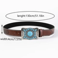 Detail van vintage bruine leren riem met turquoise steen en reliëfpatroon op band - Stijl 3 Zilveren Ingelegde Blauwe Turkoois Gesp / 130cm