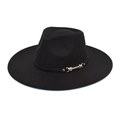 Detail of classic black wide brim felt hat with elegant gold metal buckle and trim - M (56-58cm) / Black