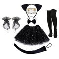Set cosplay chat noir pour enfants avec tutu étoilé, bandeau, queue et gants - Jupe Tutu Étoilée Et Serre-tête Oreilles de Chat Et Nœud Papillon Et Gants en Dentelle Et Chaussettes Hautes Et Queue de Chat