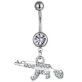 Silver gun-shaped navel ring with sparkling crystals on minimalist white background - White
