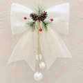 White Christmas bow ornament with silver stars, pine cones, berries and hanging balls - Large With Balls / White