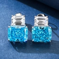 Luxurious S925 silver stud earrings with rectangle ocean blue and clear carbon diamonds - 925 Silver / Sea Blue (E297)