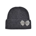 Detail of dark grey knit beanie featuring a sparkling silver rhinestone bow accent - Rhinestone Ribbon / Dark Gray