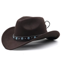 Detalle de sombrero de vaquero en fieltro marrón con banda de cuero y cuentas turquesas - M(56-58CM) Ajustable / café