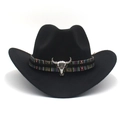 Black wool felt cowboy hat featuring ethnic woven band and silver bull skull pendant - M (56-58cm) / Black
