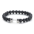 Men's matte black agate bead bracelet featuring a silver fitness dumbbell with LIFE FIT text - Silver Dumbbell Black Matte Bead Style (KB69792-BD)