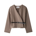 Veste élégante en laine marron pour femme avec col en V et ceinture noire - XS / Marron