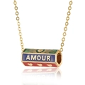 Detailed close-up of gold necklace with colorful enamel roller pendant and Amour text - Gold-AMOUR/Multicolor Enamel