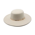 Elegant cream flat top wool fedora hat with a thin gold buckle leather band - M(56-58cm) / Off White