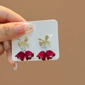 Elegant red velvet tulip earrings with gold bow and silver needle for festive style - E2756-10 Gold Bow Red Lily Style