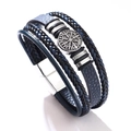 Multilayer braided leather bracelet for men with silver viking compass and magnetic clasp - 19cm / Blue