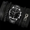 Detail view of black dial leather watch and braided beaded bracelets with infinity charm - Silver Black Watch + 4-Piece Bracelet Set 657-7