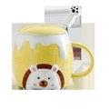 Yellow ceramic hedgehog mug with brick pattern, lid and cat claw handle spoon - Yellow Cup + Lid + Silicone Spoon