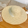 Natural beige straw sun hat with white lace ribbon and frayed fringe edge for summer - Beige Fringed Lace