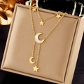 Double-layered gold stainless steel necklace with star and moon shell pendants - Moon