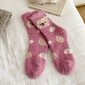Pink coral fleece sleep socks with cute bear and strawberry patterns for winter warmth - One Size / Rose Red