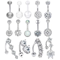 14-piece set of stainless steel belly button rings with cubic zirconia and opal stones - Silver 14-Piece Set