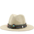 Straw beach hat with ethnic beads, turquoise stone and tassels in a neutral beige tone - Beige
