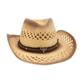 Cappello da cowboy in paglia marrone chiaro con tesa sfumata e stemma teschio di toro - Taglia unica / Cachi 2 (Piccola Testa di Toro)