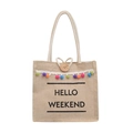 Borsa tote in juta con stampa Hello Weekend pompon colorati e manici in corda - Nero Lettera