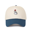 Close-up of heart hand gesture embroidery on a two-tone beige and navy baseball cap - Beige/Deep Blue