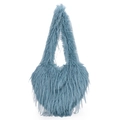 Faux fur heart-shaped shoulder bag in Morandi blue with plush texture and tassel design - Light Blue