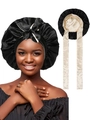 Vintage black satin hair bonnet with beige lining and long silk ties for hair care - Black/Beige Lining