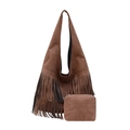 Sac à bandoulière hobo en daim marron avec franges et petit porte-monnaie assorti - Marron