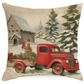 Linen Christmas pillow case with vintage red truck and snowy mountain scenery design - YMD511-13 (Red Vintage Truck)