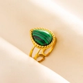Detail of adjustable gold ring featuring a green teardrop gemstone with unique textures - Gold Base Green Malachite (J550-G-G)