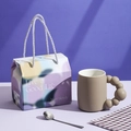 Brown ceramic mug with bubble handle and colorful gradient gift box set with silver spoon - Beaded Handle Mug / Gift Box / Dark Coffee